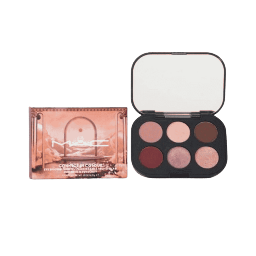 MAC Connect In Colour six-shade eyeshadow palette with open black compact and printed box