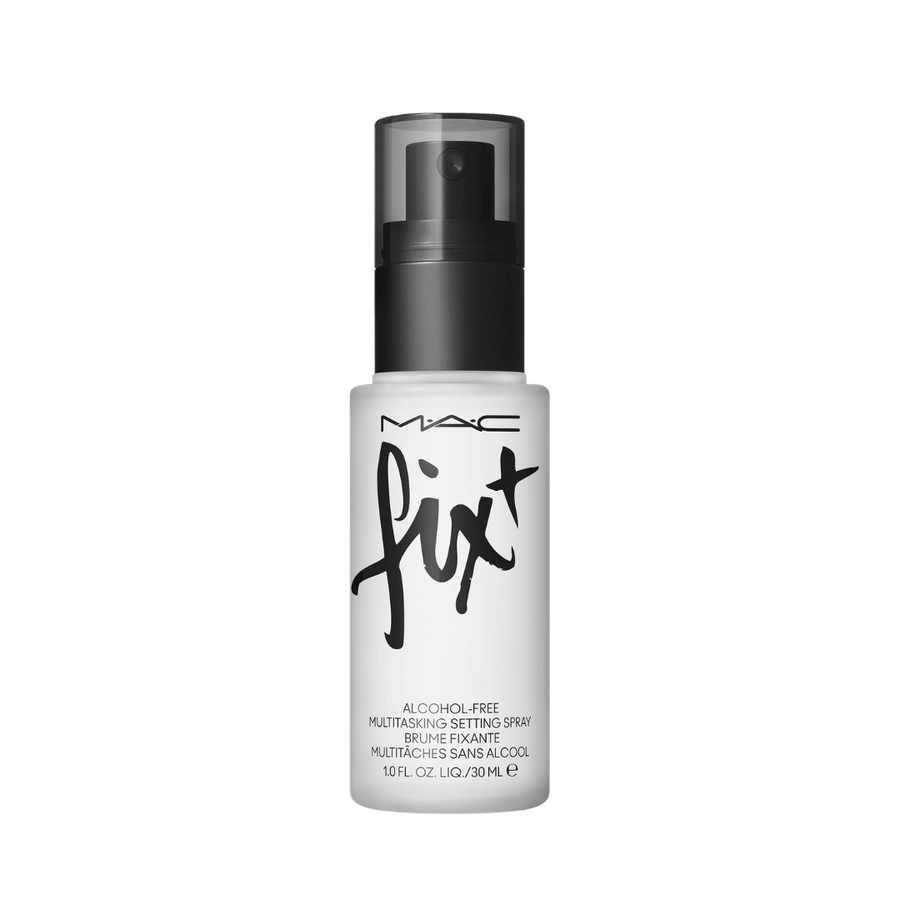 MAC Fix+ Original alcohol-free multitasking setting spray bottle with black pump, 30ml packaging