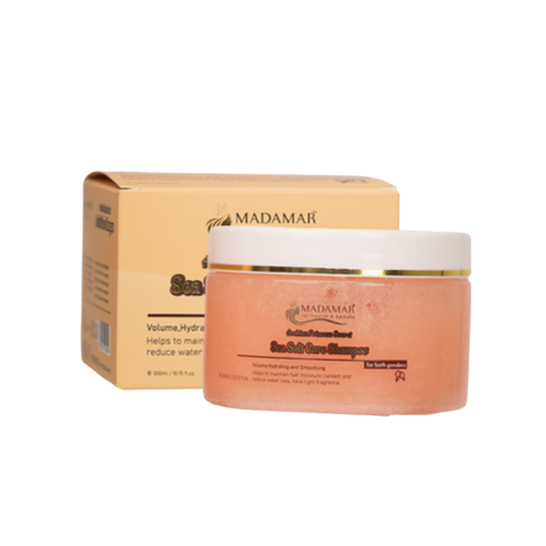 Madamar Sea Salt Care Shampoo, 300 ml orange jar with white lid and matching box packaging