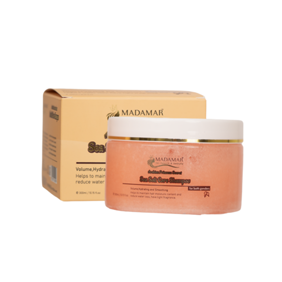 Madamar Sea Salt Care Shampoo, 300 ml orange jar with white lid and matching box packaging