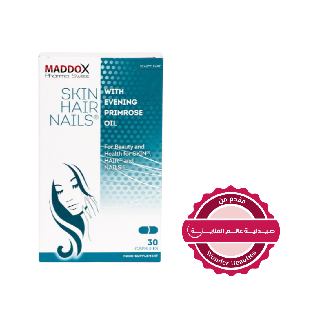 Maddox Pharma Swiss Skin, Hair, and Nails Supplement with Evening Primrose Oil, 30 capsules, designed for beauty and health support.