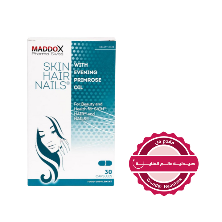 Maddox Pharma Swiss Skin, Hair, and Nails Supplement with Evening Primrose Oil, 30 capsules, designed for beauty and health support.