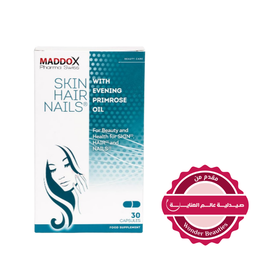 Maddox Pharma Swiss Skin, Hair, and Nails Supplement with Evening Primrose Oil, 30 capsules, designed for beauty and health support.