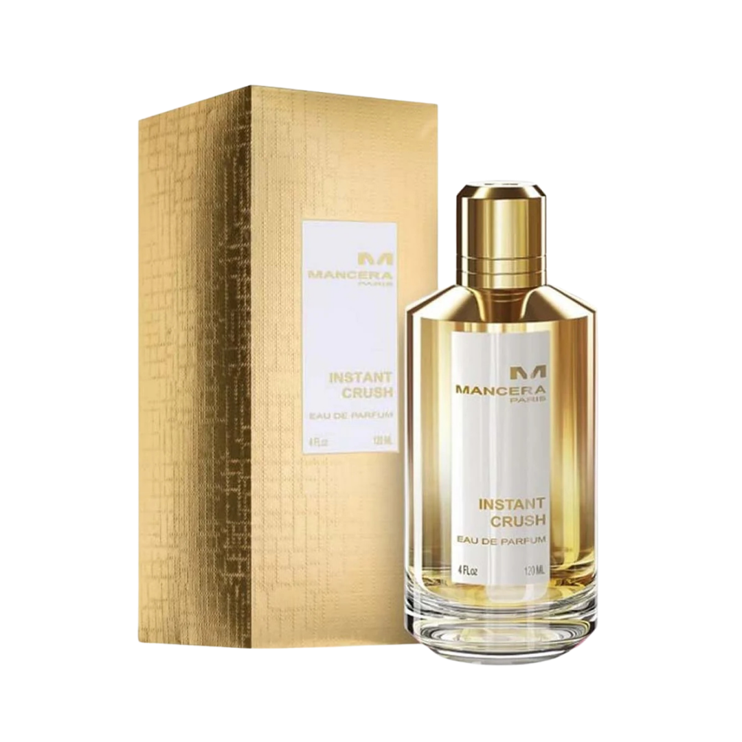 Mancera Instant Crush Eau de Parfum 120ml, gold spray bottle with white label, matching gold box packaging