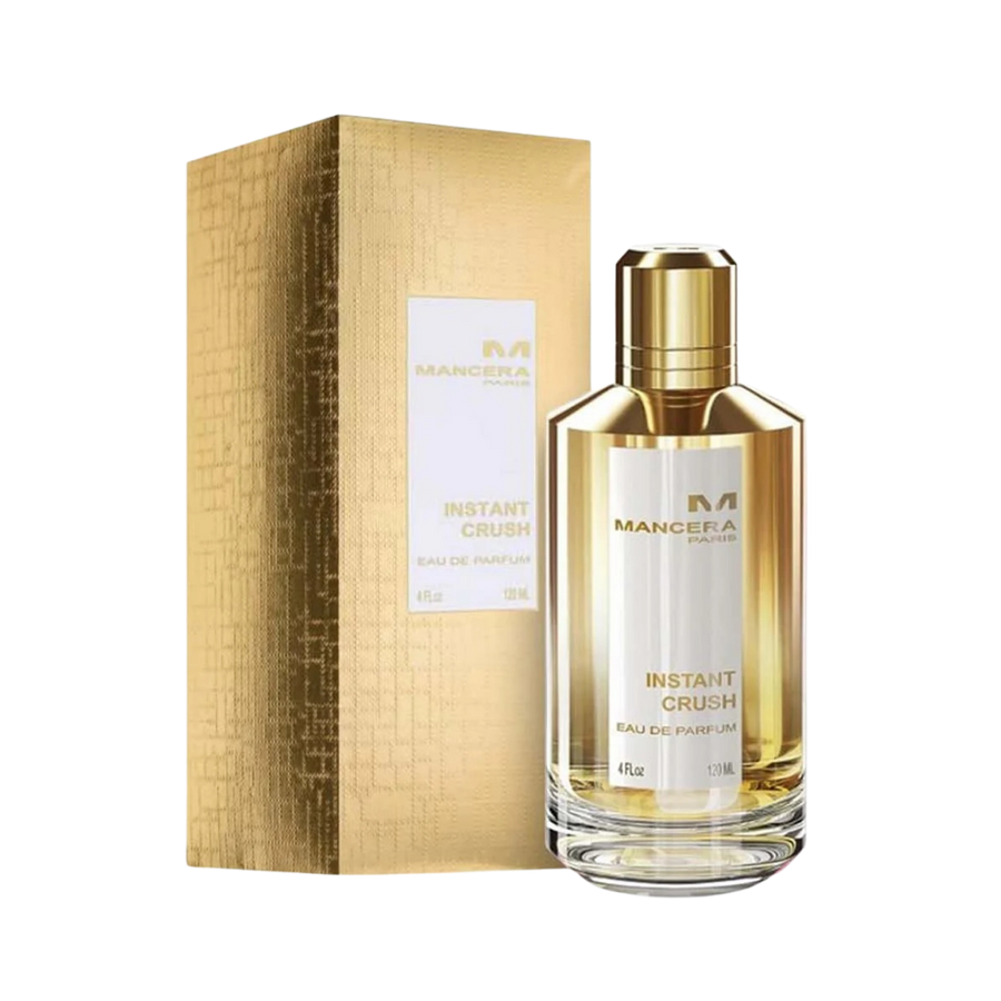 Mancera Instant Crush Eau de Parfum 120ml, gold spray bottle with white label, matching gold box packaging