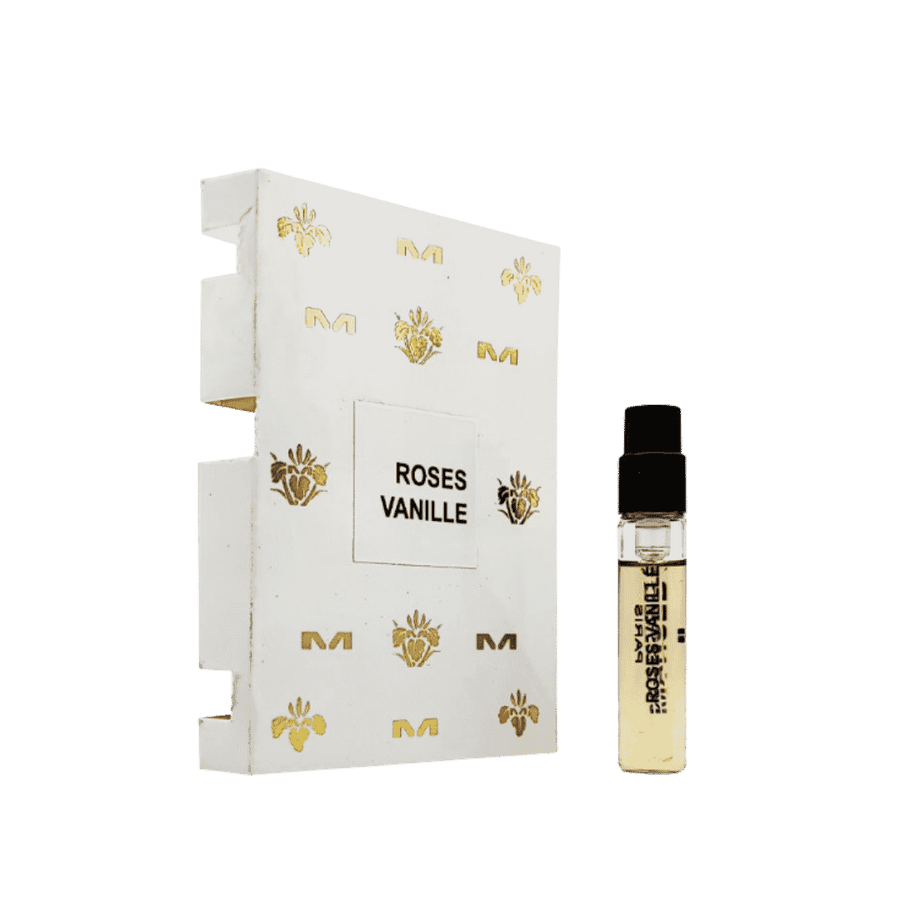 Mancera Roses Vanille perfume sample spray vial with card, mini eau de parfum tester bottle
