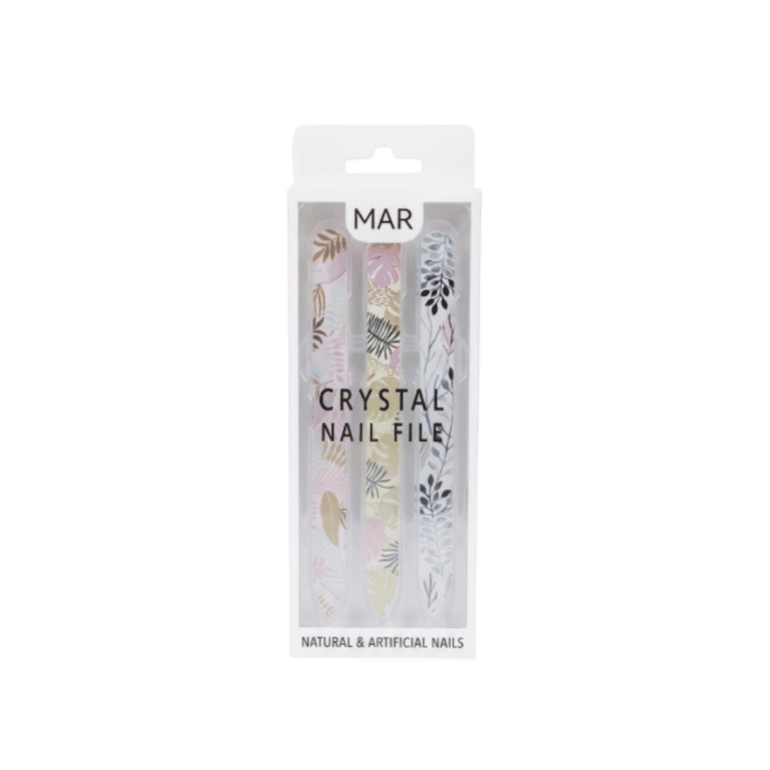 MAR Crystal Nail File set, three patterned glass nail files for natural and artificial nails.