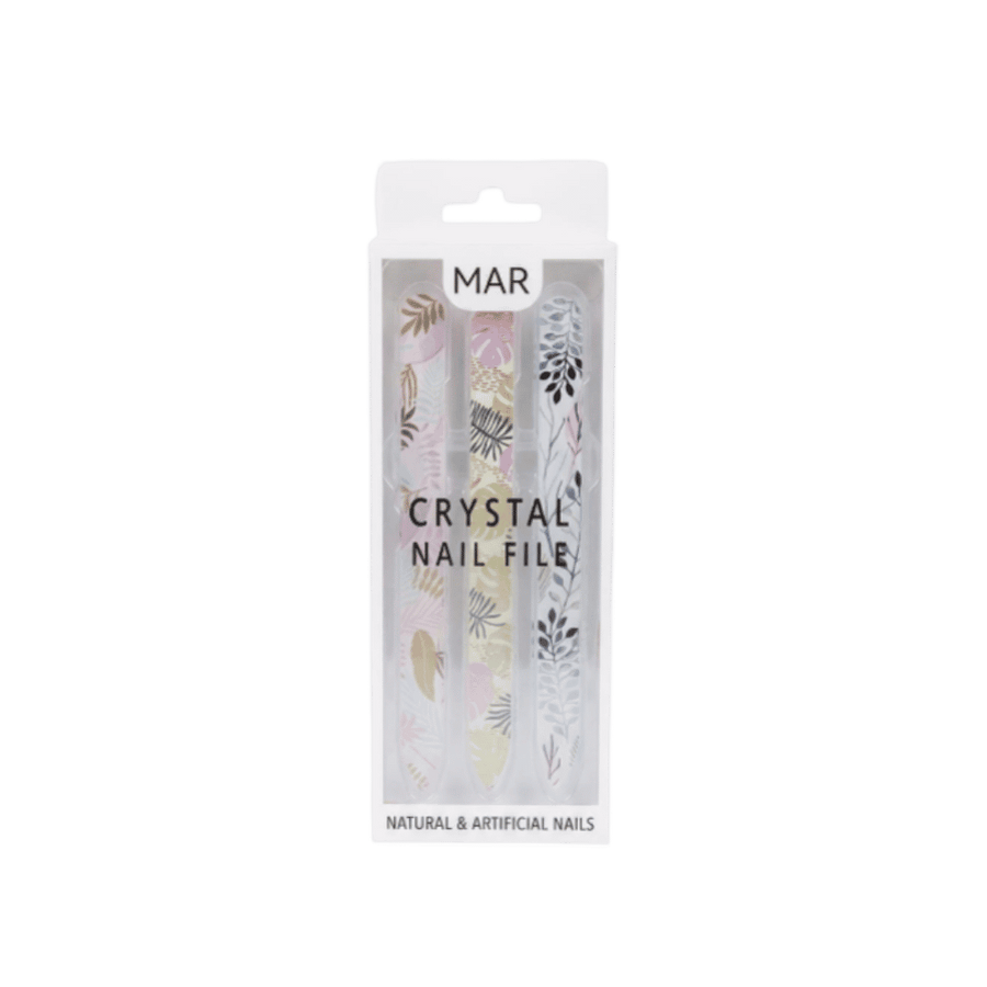 MAR Crystal Nail File set, three patterned glass nail files for natural and artificial nails.
