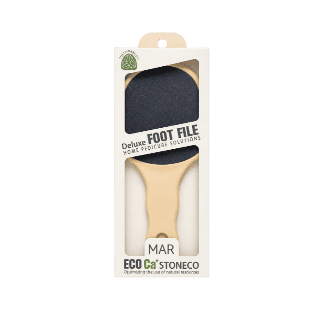 MAR Deluxe Foot File pedicure tool with black filing surface in eco-friendly beige packaging.