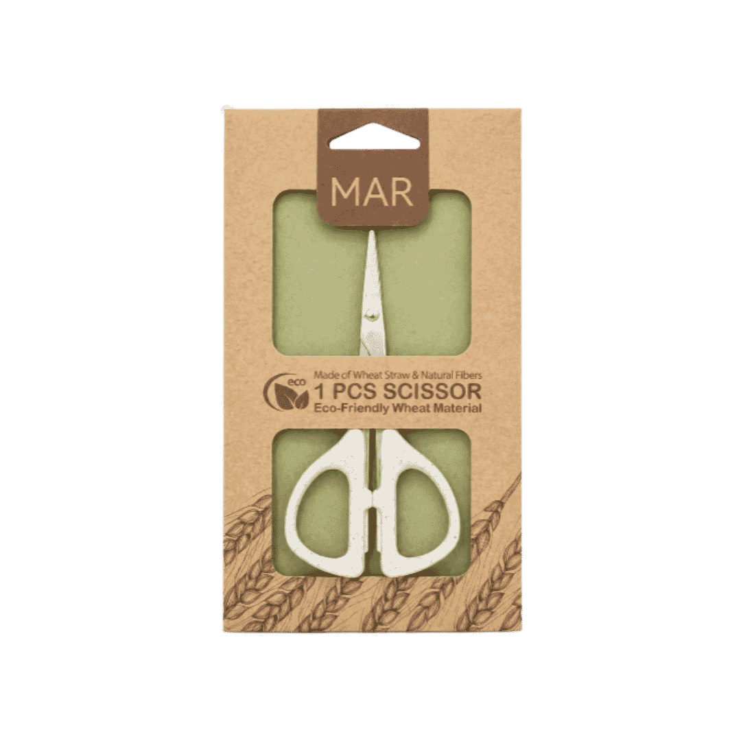 MAR eco-friendly scissors, 1 piece, wheat straw material with white handles in kraft packaging.