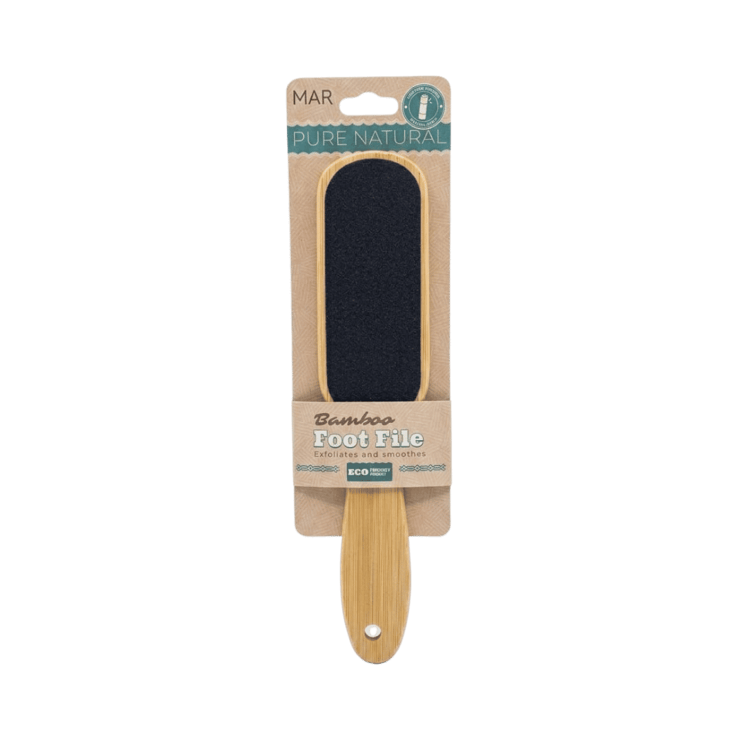MAR Pure Natural bamboo foot file exfoliating and smoothing pedicure tool with wooden handle packaging