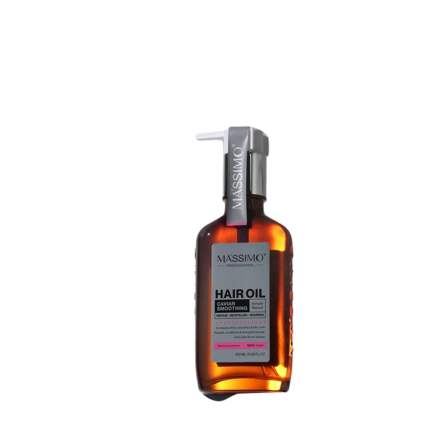MASSIMO Caviar Smoothing Hair Oil, 100ml amber bottle with gray pump and silver label