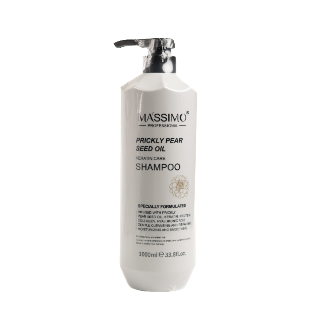 Massimo Professional prickly pear seed oil keratin shampoo, 1000 ml white pump bottle with silver dispenser