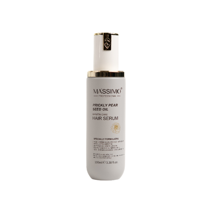 Massimo Professional prickly pear seed oil keratin hair serum, 100 ml white bottle with pump and gold accents