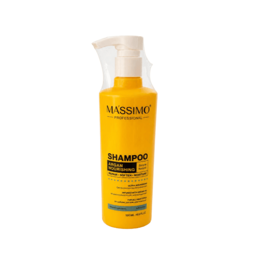 Massimo Professional Argan Nourishing shampoo, yellow 500ml pump bottle for repair, softness, and moisture