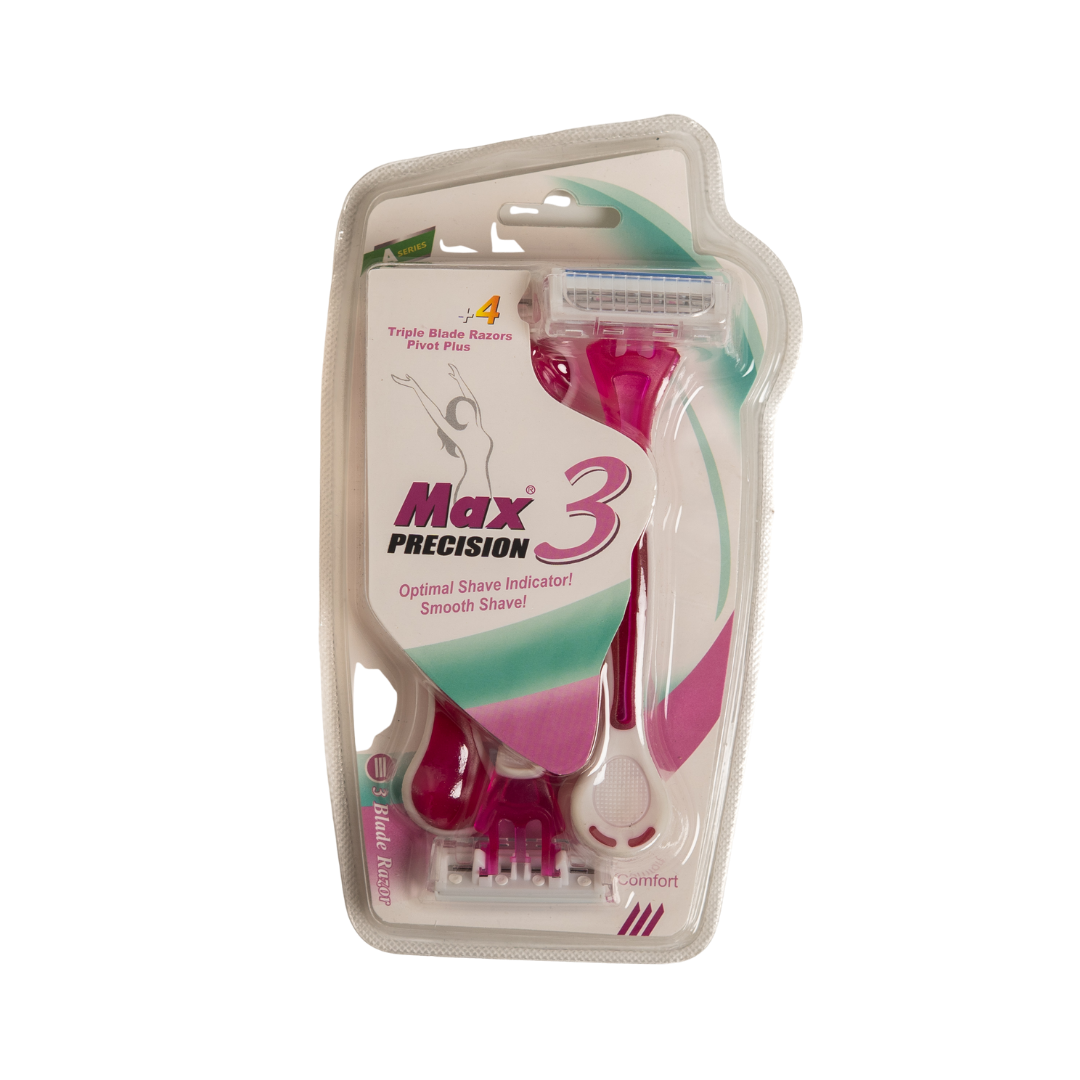 Max Precision 3 women’s triple blade razors, four-count pack, pivot head, plastic blister packaging.