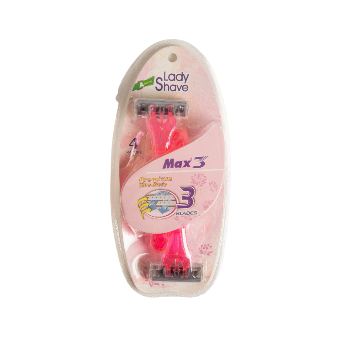 Max3 Lady Shave women’s razors set, four pink disposable razors with three blades in blister packaging.