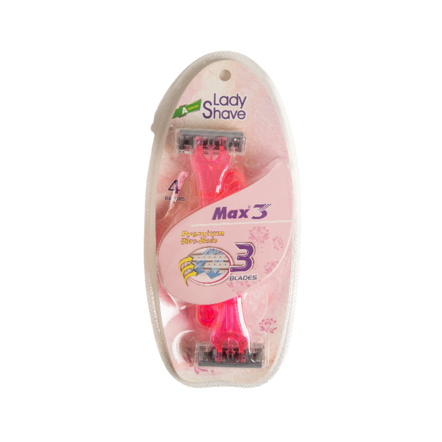 Max3 Lady Shave women’s razors set, four pink disposable razors with three blades in blister packaging.