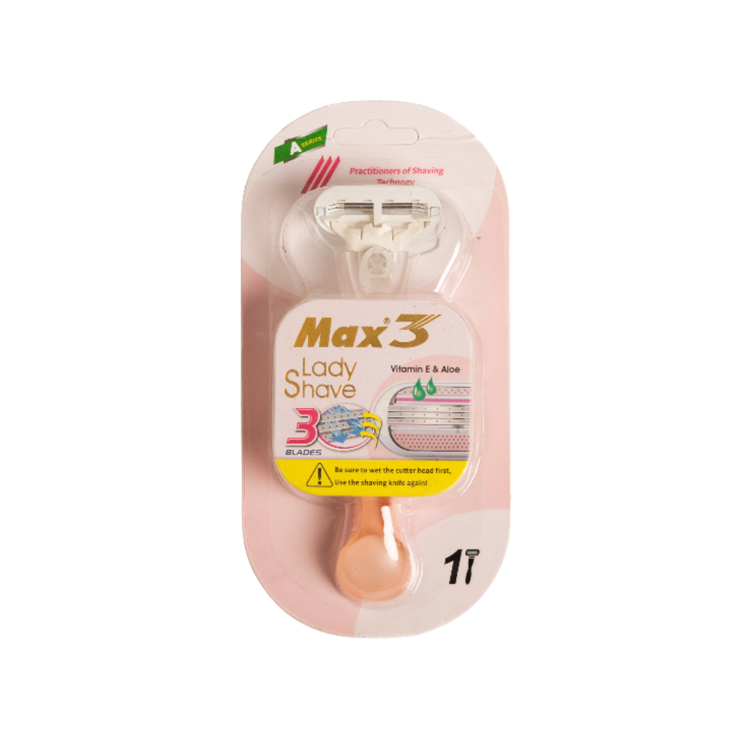 Max3 Lady Shave women’s razor, single 3-blade razor with vitamin E and aloe, blister packaging.