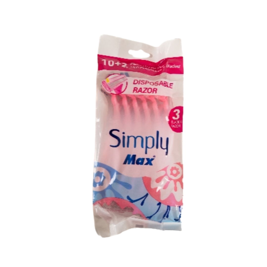 Simply Max disposable razors pack with three blades, pink and blue packaging, ten plus two pieces
