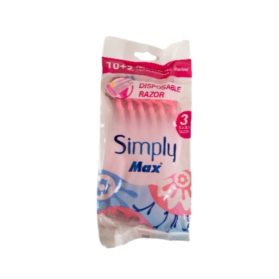 Simply Max disposable razors pack with three blades, pink and blue packaging, ten plus two pieces
