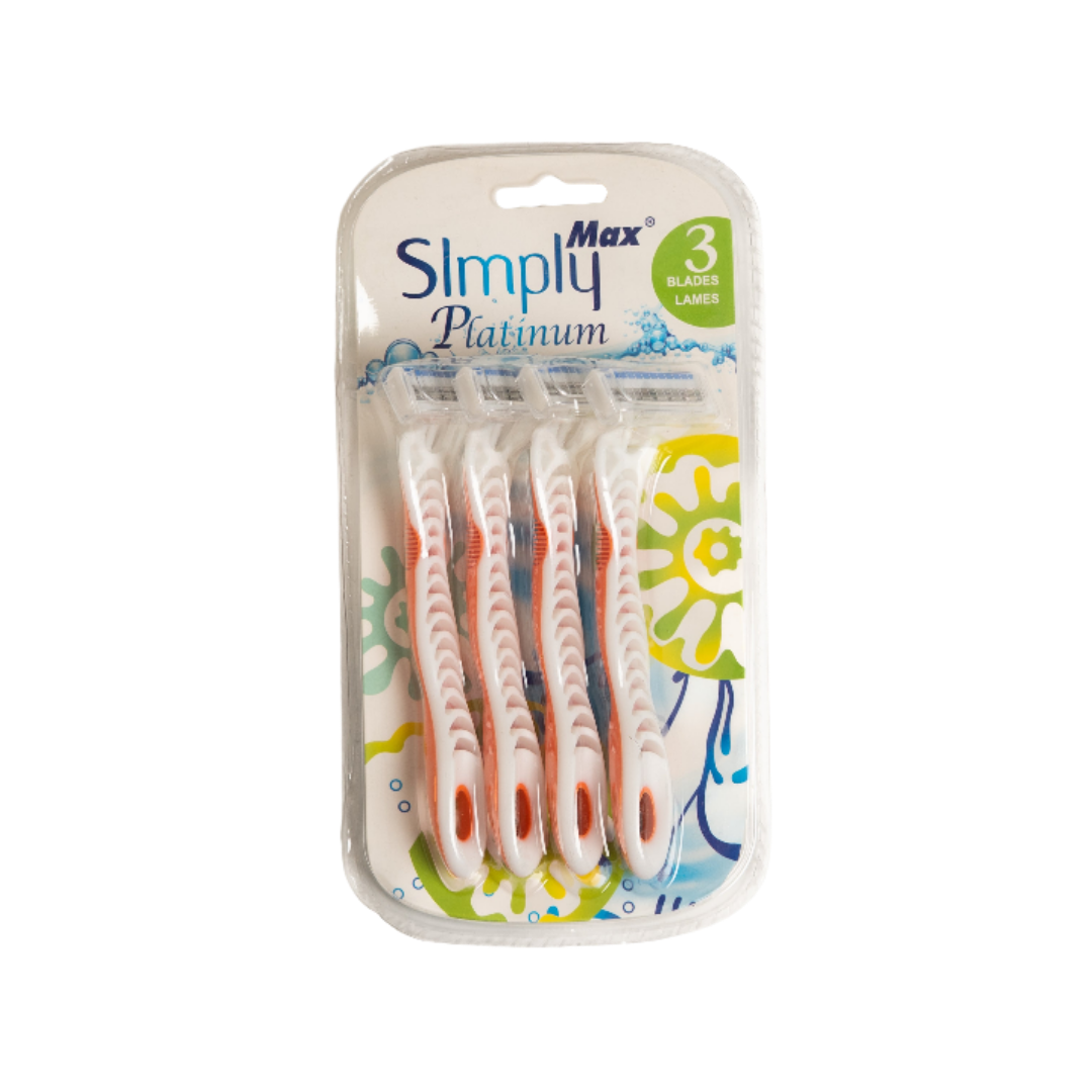Simply Platinum Max disposable razors set, four white razors with orange grip, three blades, blister packaging.