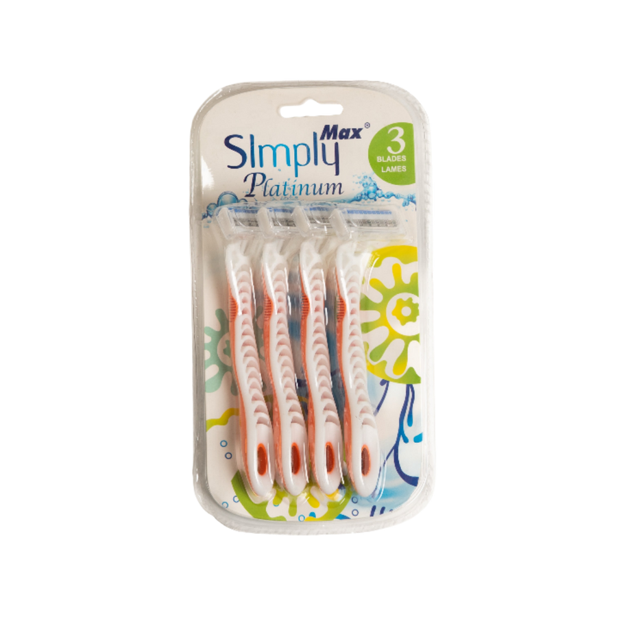 Simply Platinum Max disposable razors set, four white razors with orange grip, three blades, blister packaging.