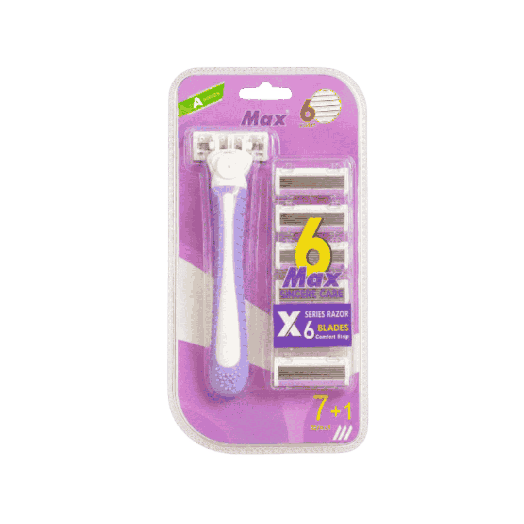 Max Shave Care X Series razor, six-blade cartridge razor with purple handle, 7+1 refills pack.