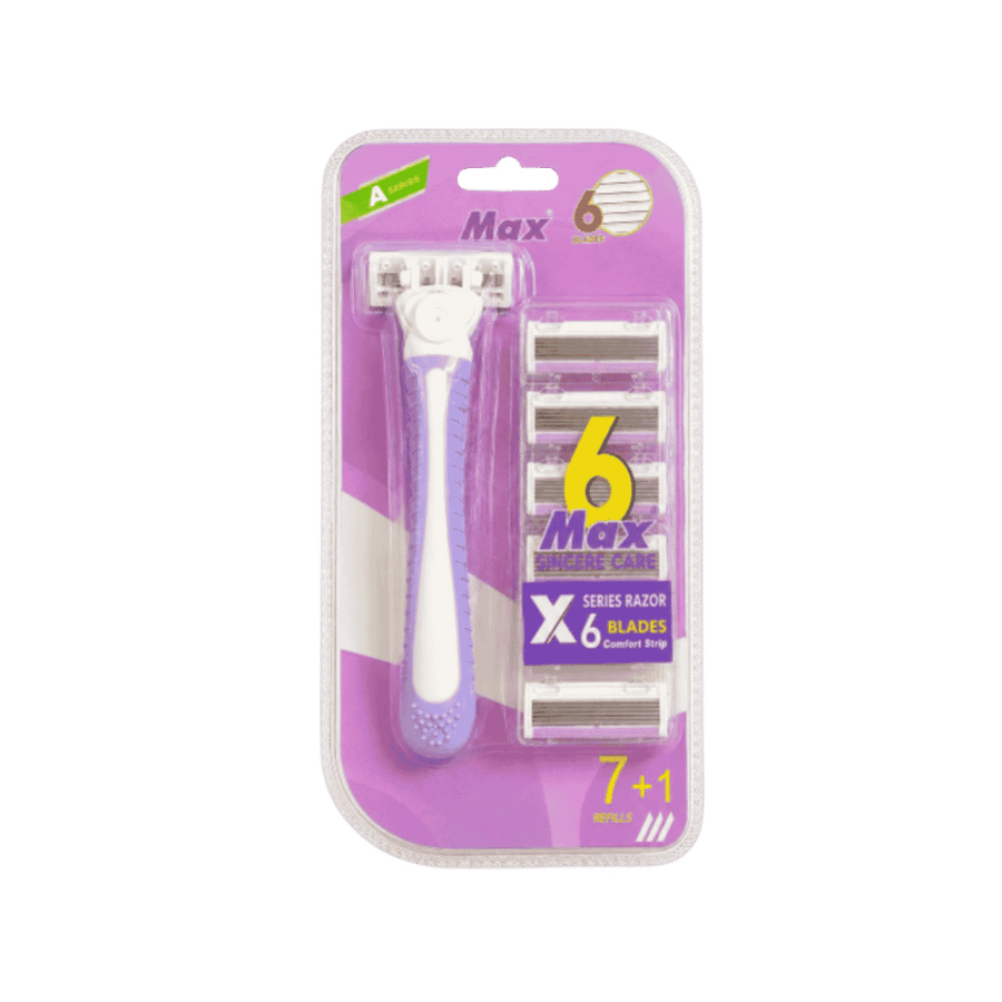 Max Shave Care X Series razor, six-blade cartridge razor with purple handle, 7+1 refills pack.