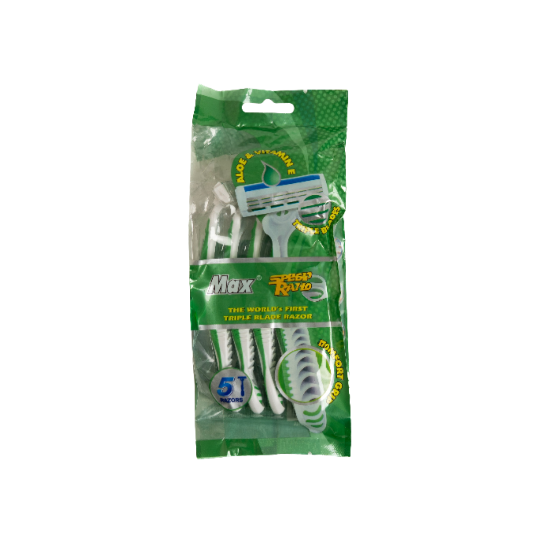 Max Speed Razor disposable razors, five triple-blade razors with white handles in green plastic packaging.