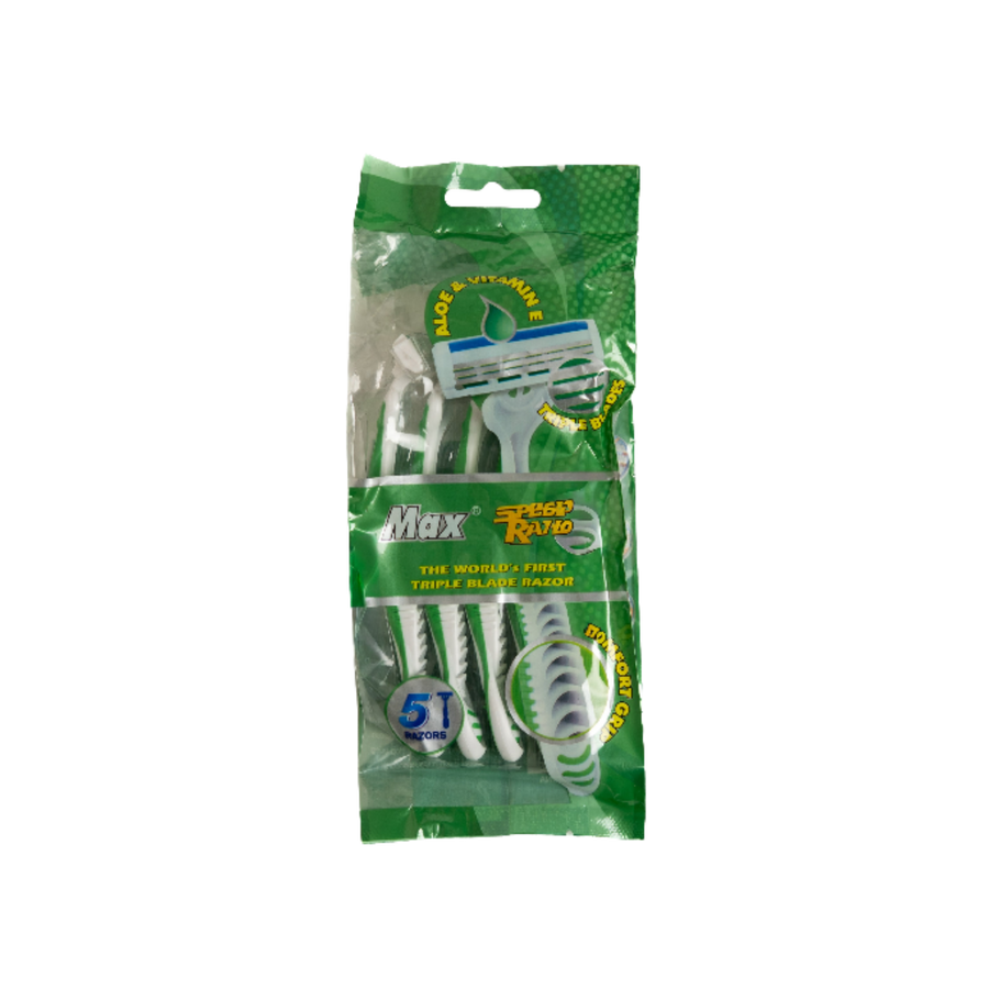 Max Speed Razor disposable razors, five triple-blade razors with white handles in green plastic packaging.