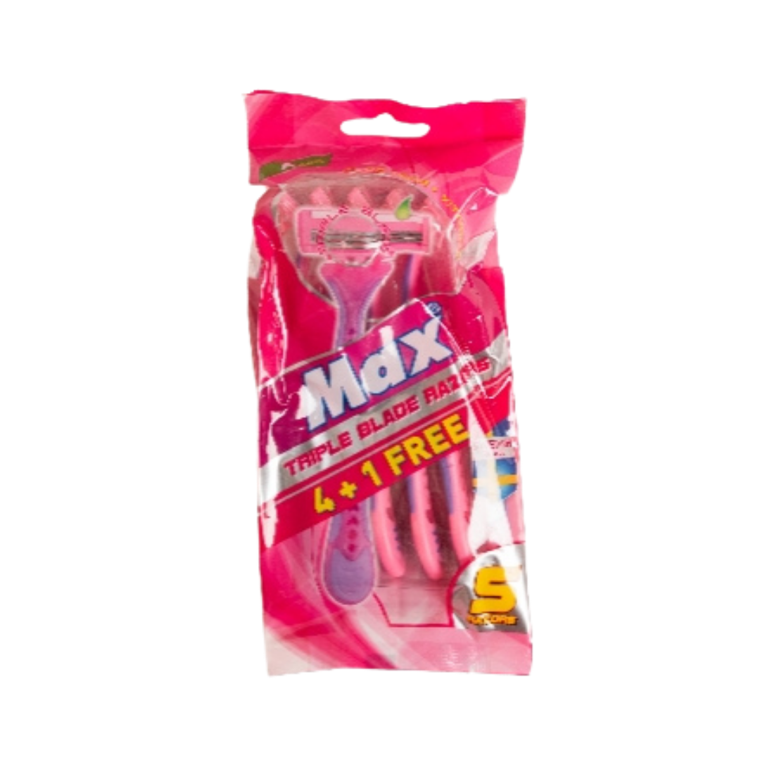 Max triple blade disposable razors pack, 4 plus 1 free, pink handles, sealed plastic hanging packaging
