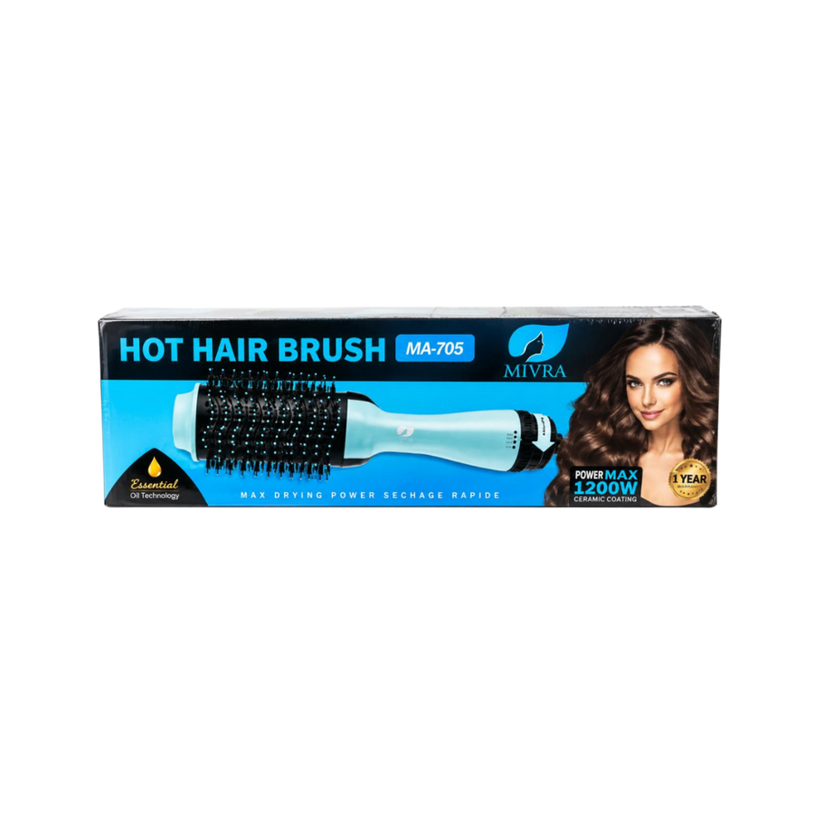 MIVRA MA-705 Hot Hair Brush 1200W with ceramic coating, oil technology, and rapid drying design.