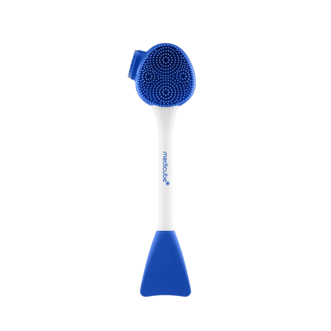 Medicube Multi Blackhead Pore Brush, blue and white silicone facial cleansing tool with long handle.