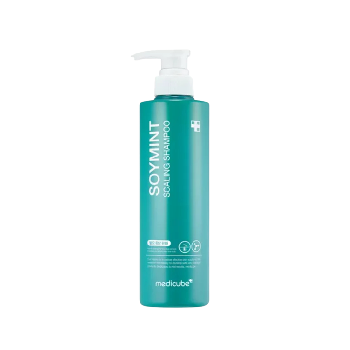 Medicube Soymint Scaling Shampoo, 490ml, in a teal cylindrical pump bottle with white dispenser.