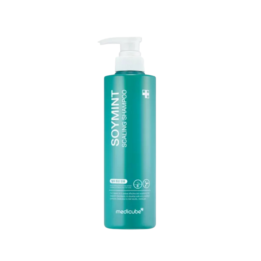 Medicube Soymint Scaling Shampoo, 490ml, in a teal cylindrical pump bottle with white dispenser.