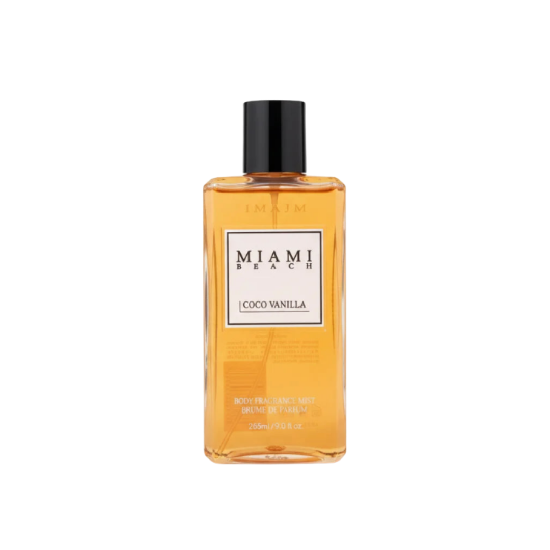 Miami Beach Coco Vanilla body fragrance mist, 265ml, amber rectangular bottle with black cap.