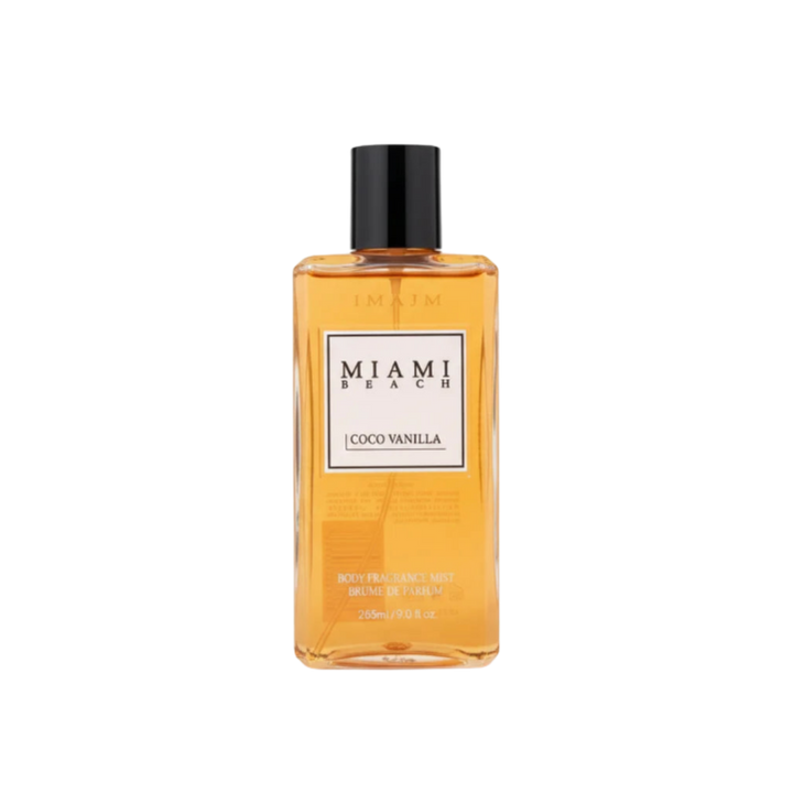 Miami Beach Coco Vanilla body fragrance mist, 265ml, amber rectangular bottle with black cap.