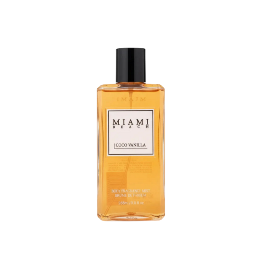 Miami Beach Coco Vanilla body fragrance mist, 265ml, amber rectangular bottle with black cap.