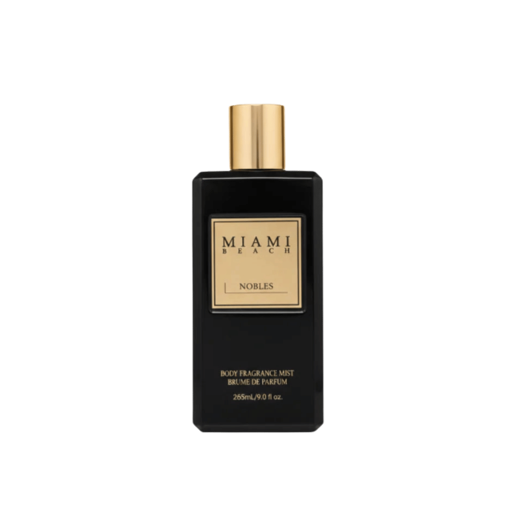 Miami Beach Nobles body fragrance mist, 265ml, black rectangular bottle with gold cap and label.