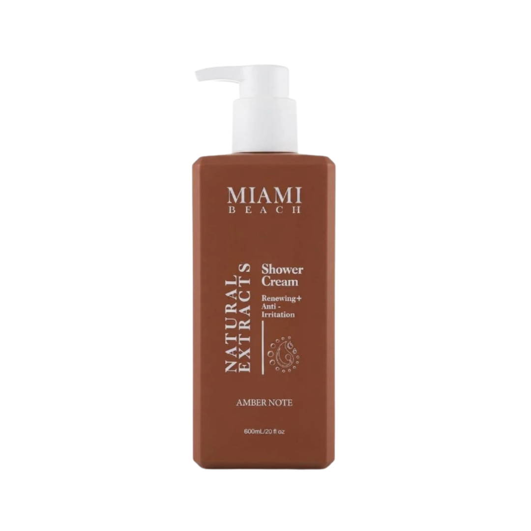 Miami Beach Natural Extracts Amber Note shower cream, 600ml, brown rectangular pump bottle with white dispenser.