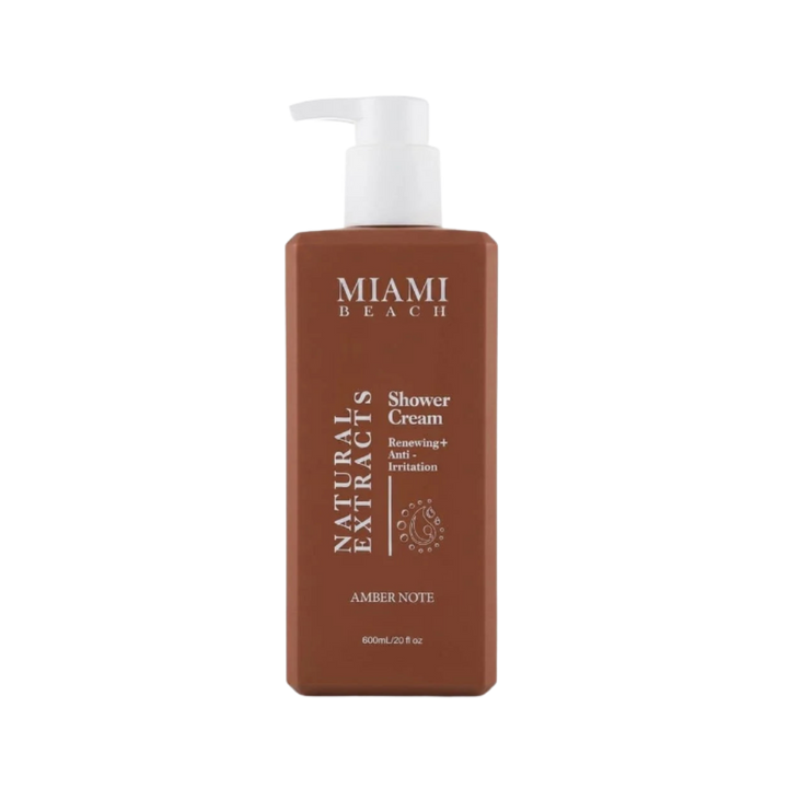 Miami Beach Natural Extracts Amber Note shower cream, 600ml, brown rectangular pump bottle with white dispenser.