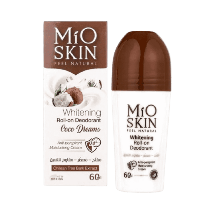 MIO Skin Coco Dreams Whitening Roll-On Deodorant box and bottle, brown cap, 60ml.