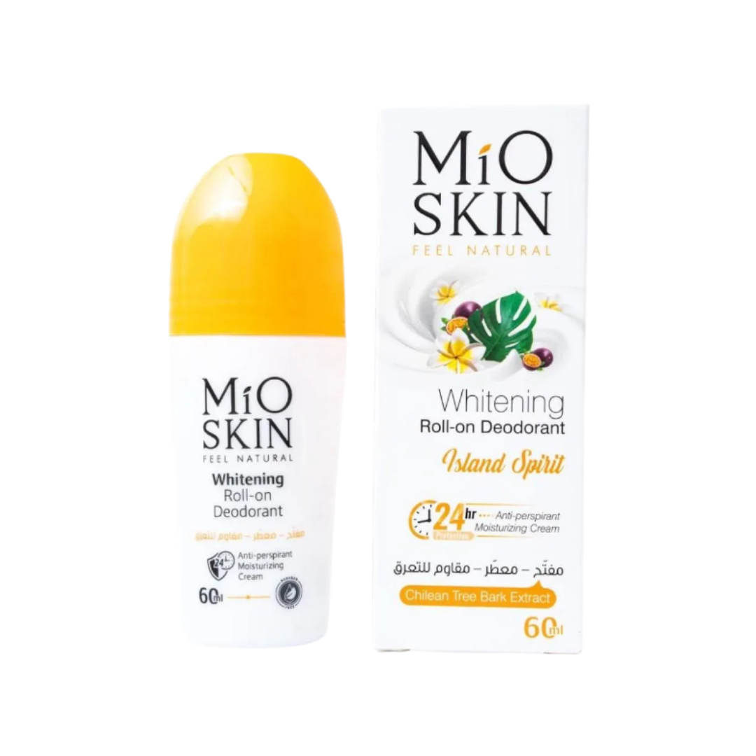 Mio Skin Island Spirit Whitening Roll-on Deodorant, 60ml, white bottle with yellow cap and matching box.