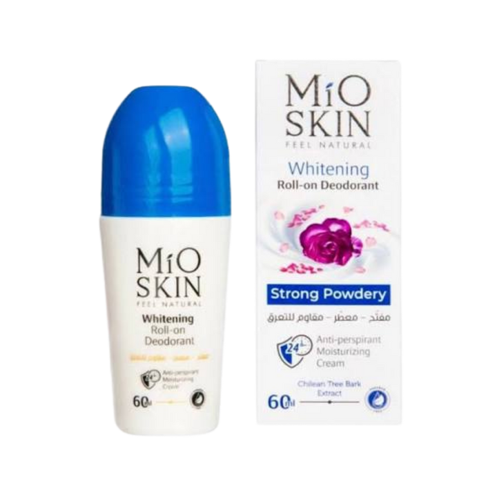 MIO SKIN Strong Powdery whitening roll-on deodorant 60ml white bottle with blue cap and box