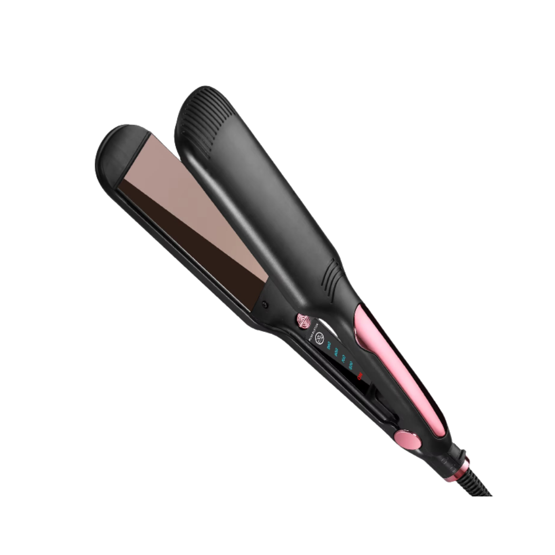 Hair straightener flat iron, black body with pink accents, ceramic plates, digital temperature display, power cord attached.