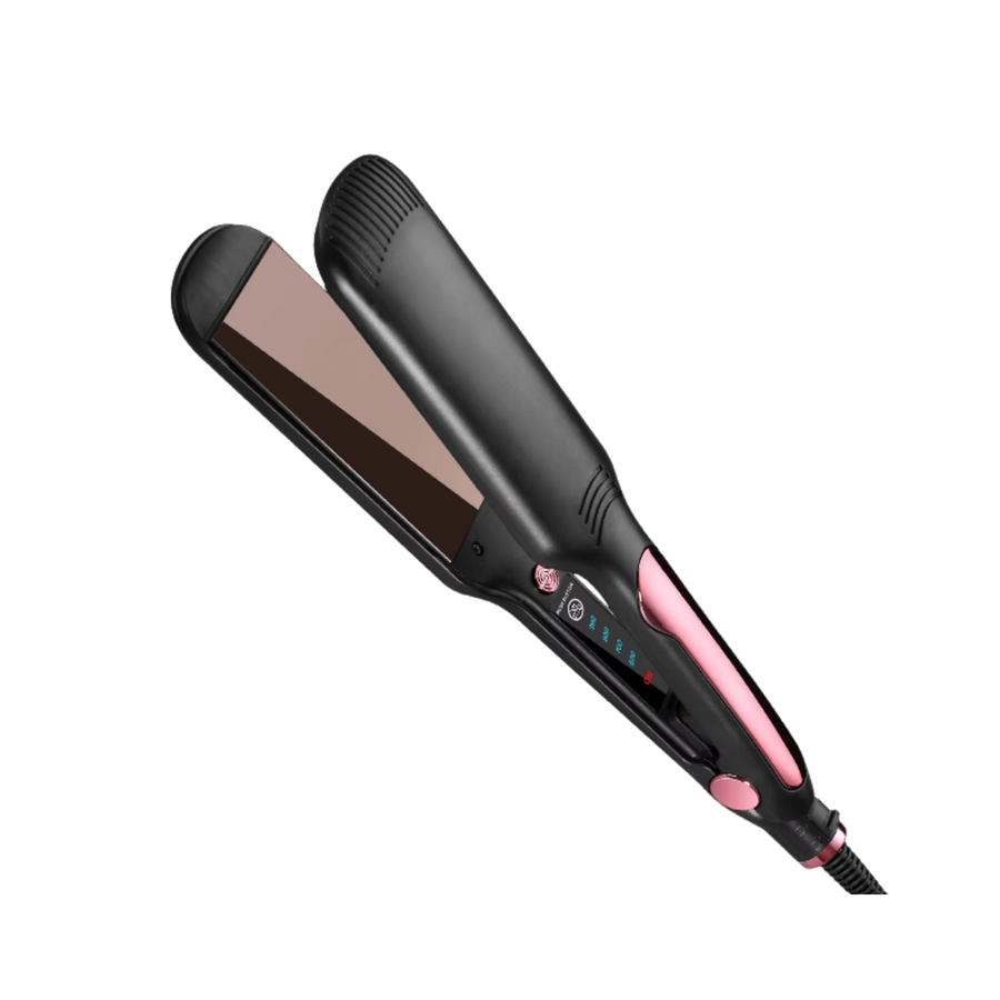 Hair straightener flat iron, black body with pink accents, ceramic plates, digital temperature display, power cord attached.