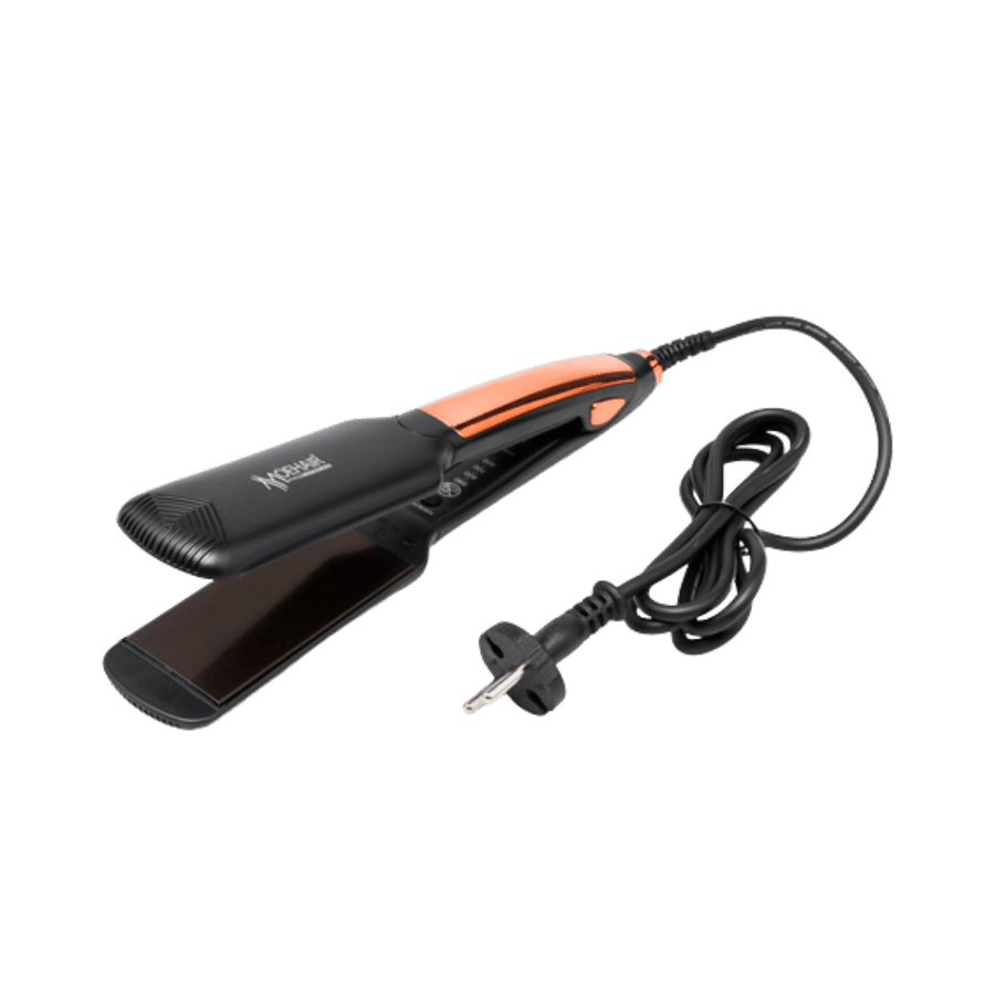 "MOEHAIR Hair Straightener with LED display, black and orange color with ceramic plates and power cable."