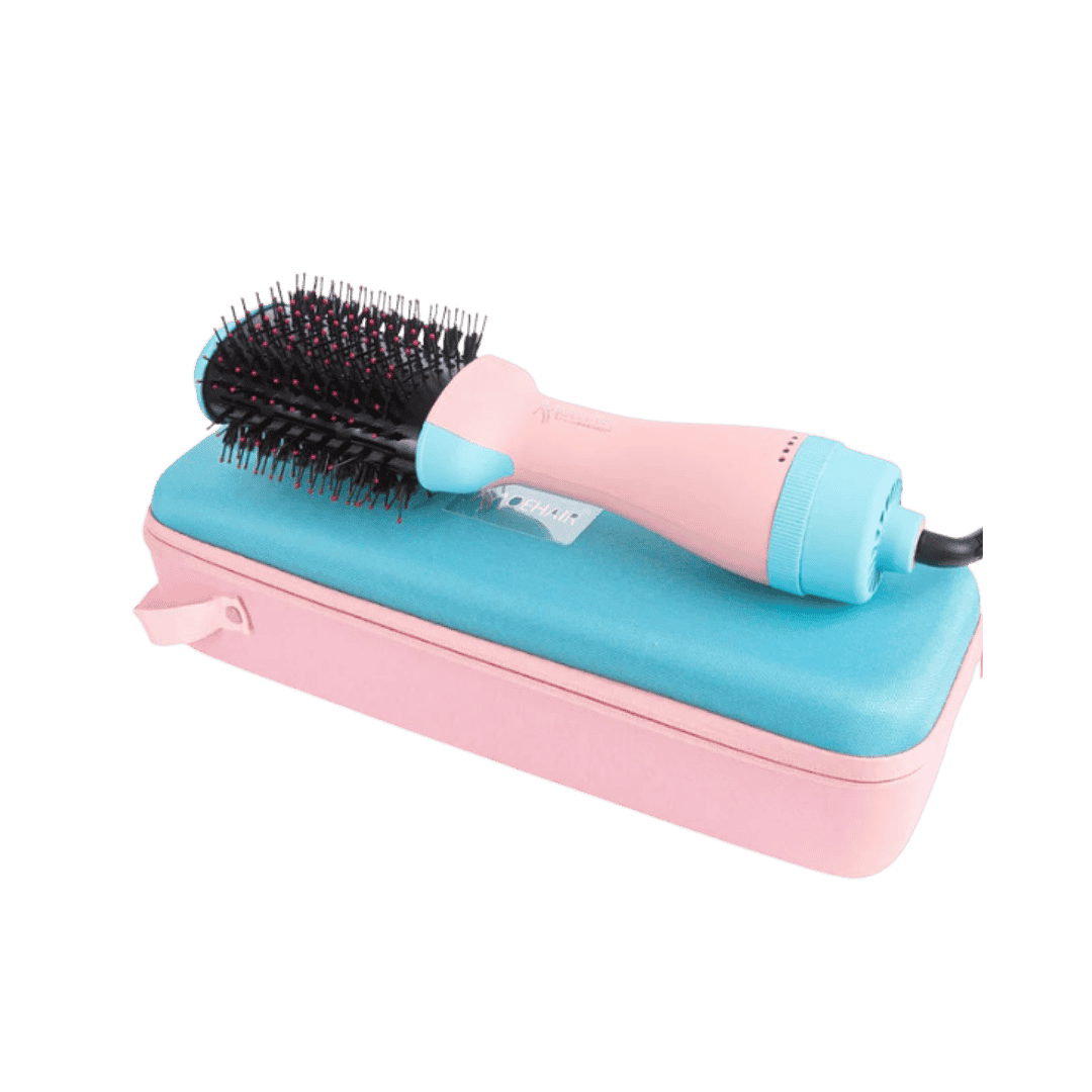 Hot air hair brush styler, pink and blue, with bristle brush head and storage case.
