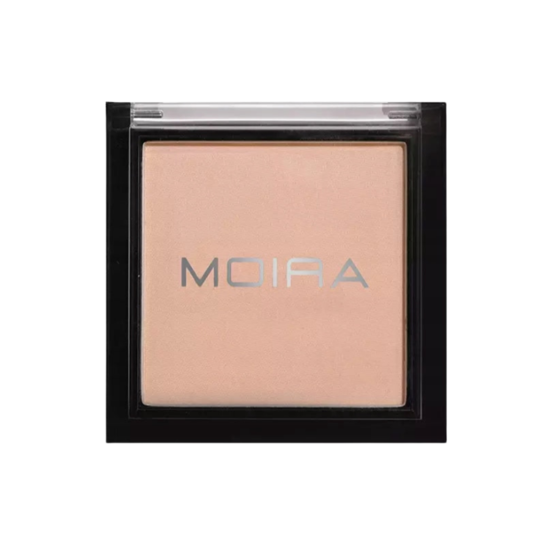 MOIRA pressed powder compact with beige shade and black transparent packaging